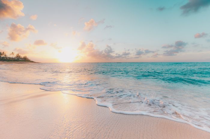 waves crashing into the beach tall palm trees in the background beach wallpaper hd photographed at sunrise