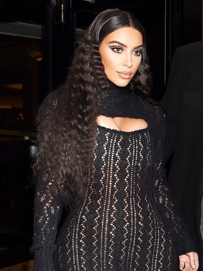 what-is-crimping-kim-kardashian-wearing-black-knitted-dress-with-long-black-hair-white-eyeliner