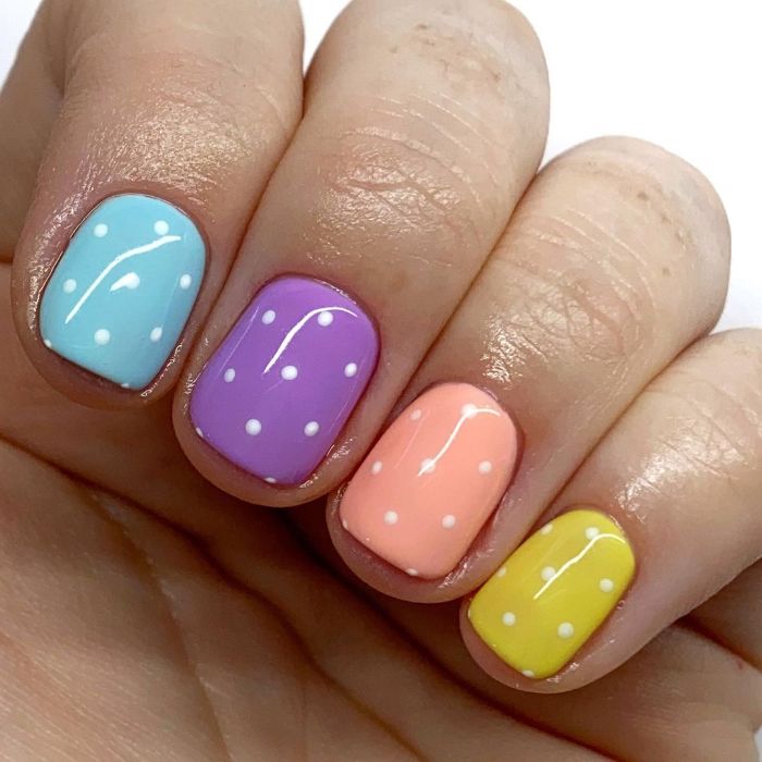 white dots on blue purple pink yellow nail polish acrylic nail designs short nails