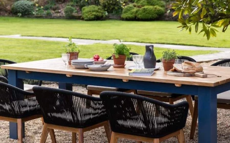 wooden chairs around wooden table farmhouse garden table three potted plants on it plates bowl full of apples