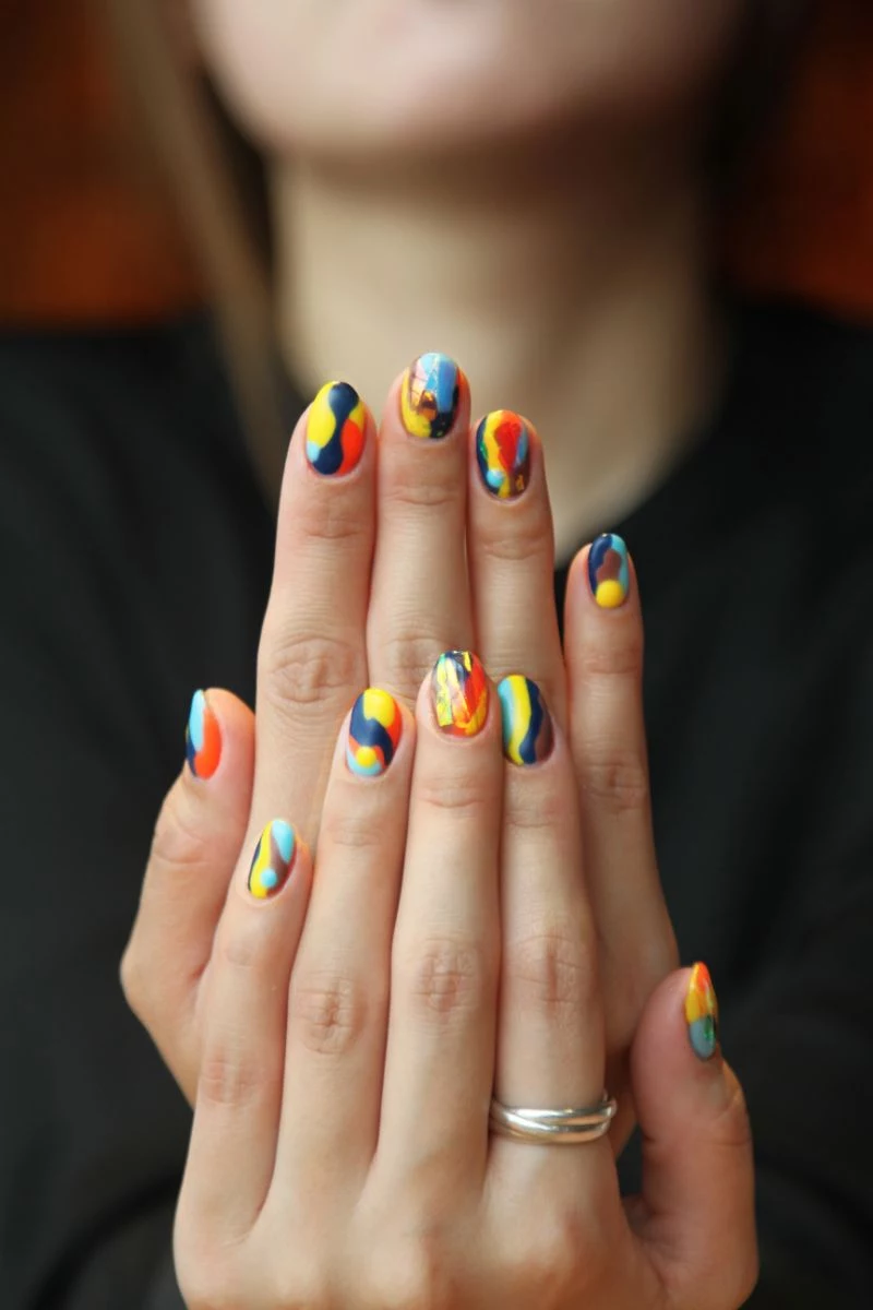 abstract colorful almond gel nail designs