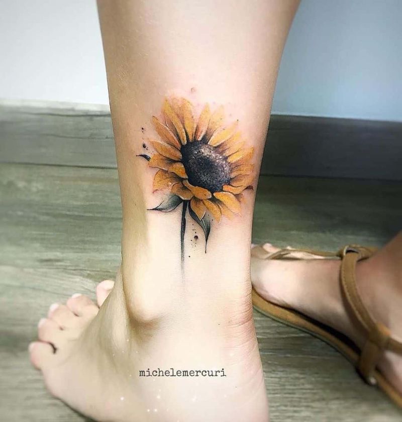 back of ankle black and white sunflower tattoo