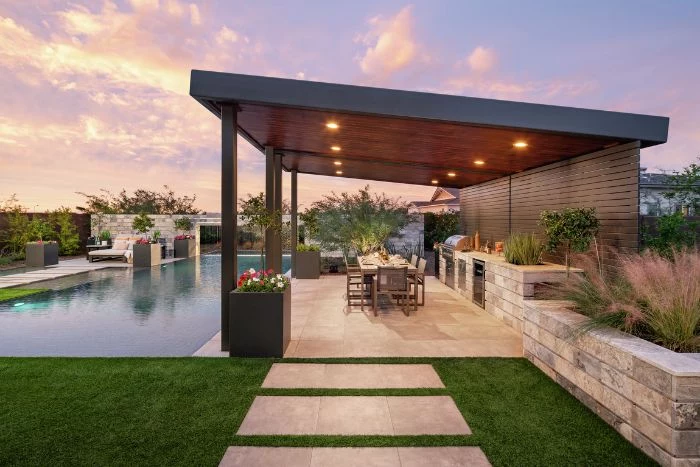 backyard patio ideas large pool with outside kitchen area next to it barbecue dining table