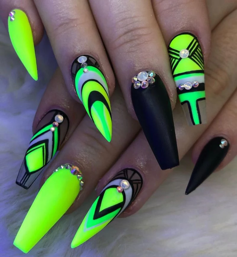 black neon yellow nails geometric design