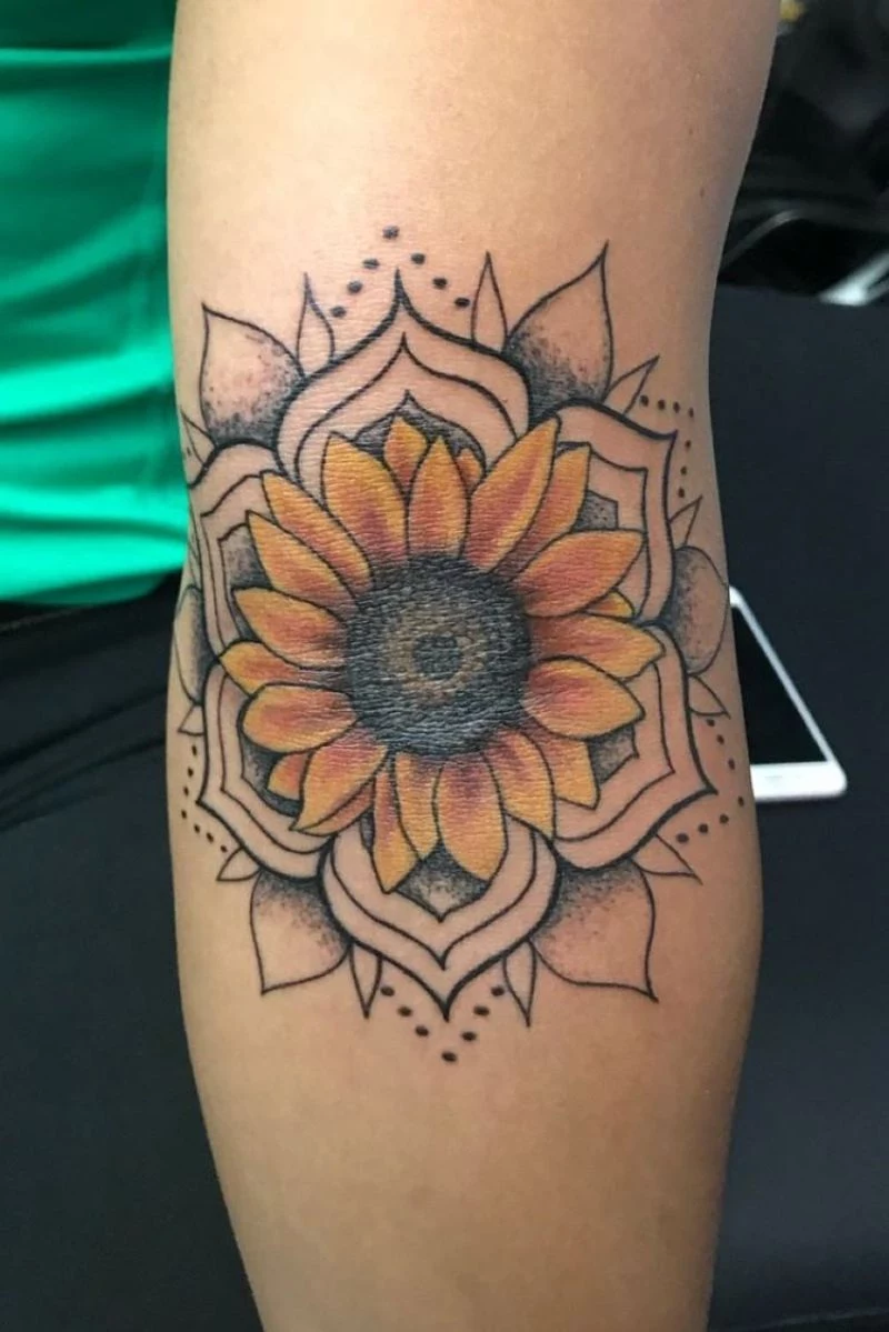 colored mandala sunflower tattoo forearm tattoo