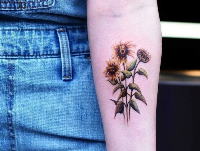 colorful forearm sunflower tattoo designs three sunflowers