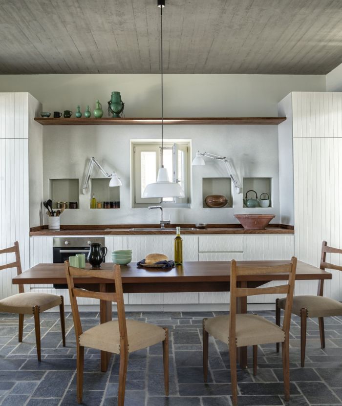 dining room design ideas open shelving above the sink long wooden table with four chairs