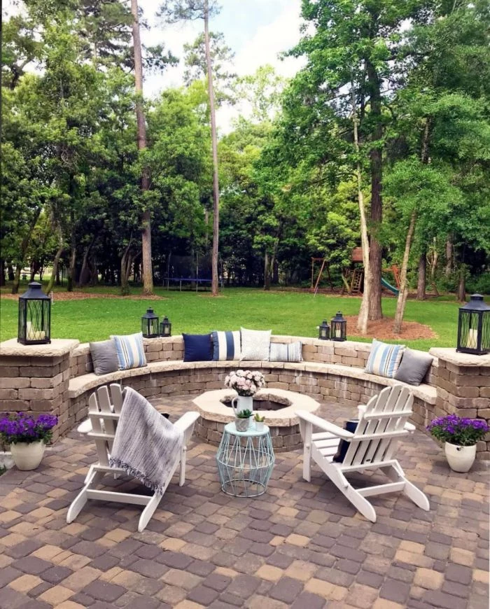 firepit with two white wooden lounge chairs backyard patio ideas bench build of stone bricks