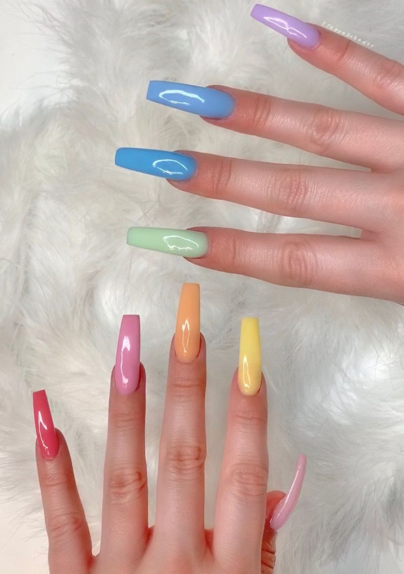 gel nail designs long coffin rainbow nails