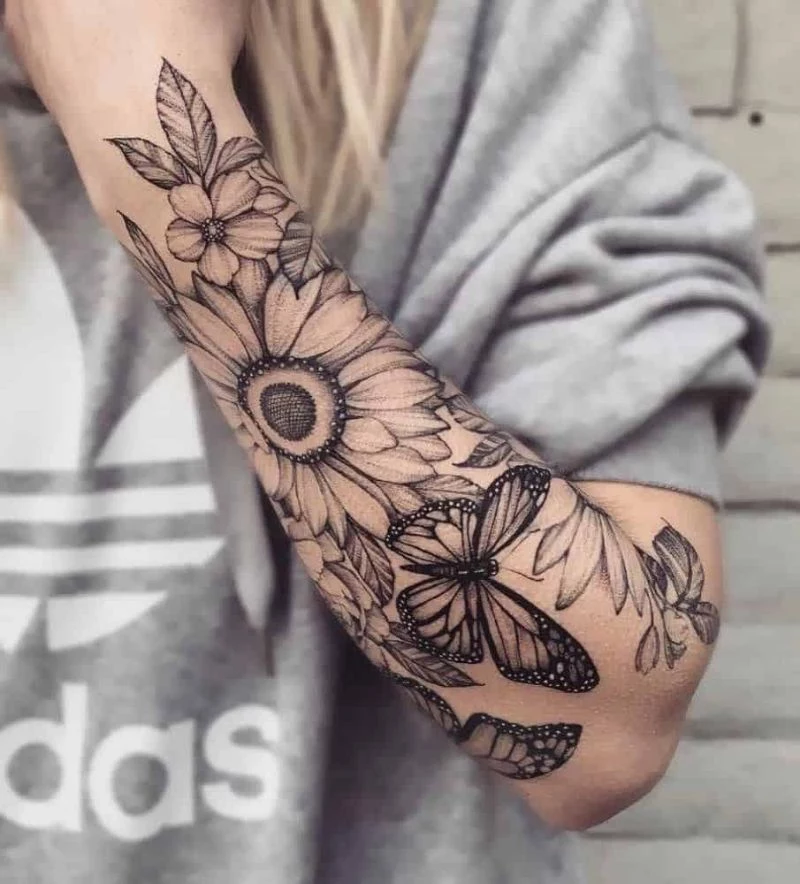half sleeve small sunflower tattoo with butterflies