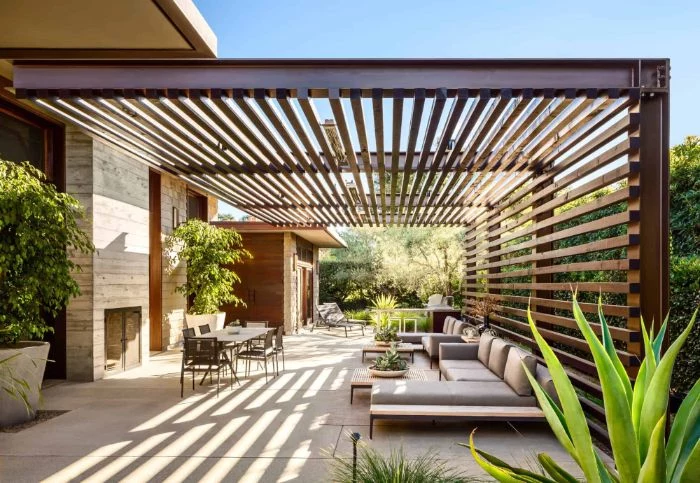 large wooden pergola lounge area underneath backyard patio designs dining area