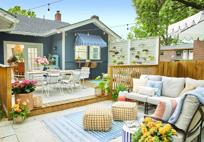 lounge area and separate dining area in small backyard landscape design ideas lots of potted plants