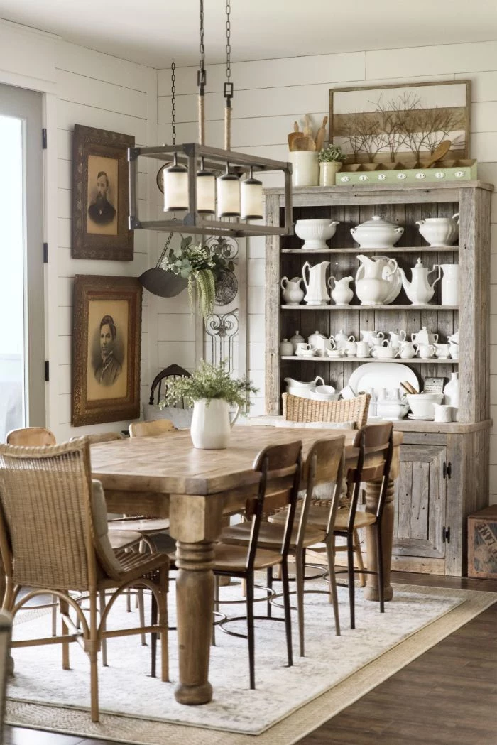 modern farmhouse dining room open shelving with china arranged on it next to wooden table and chairs