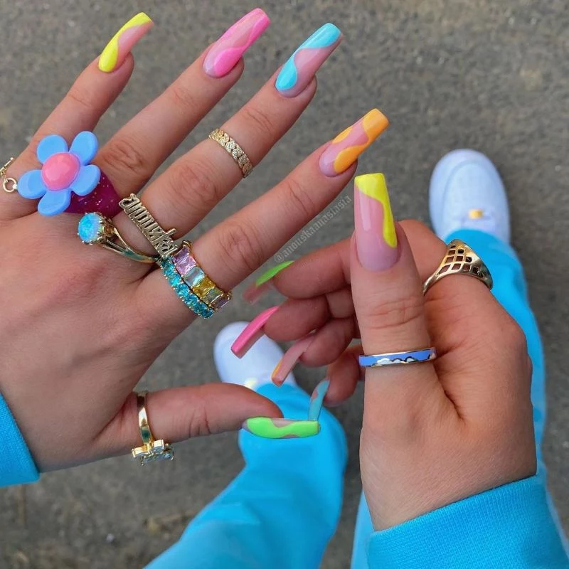 neon nails negative space coffin nails