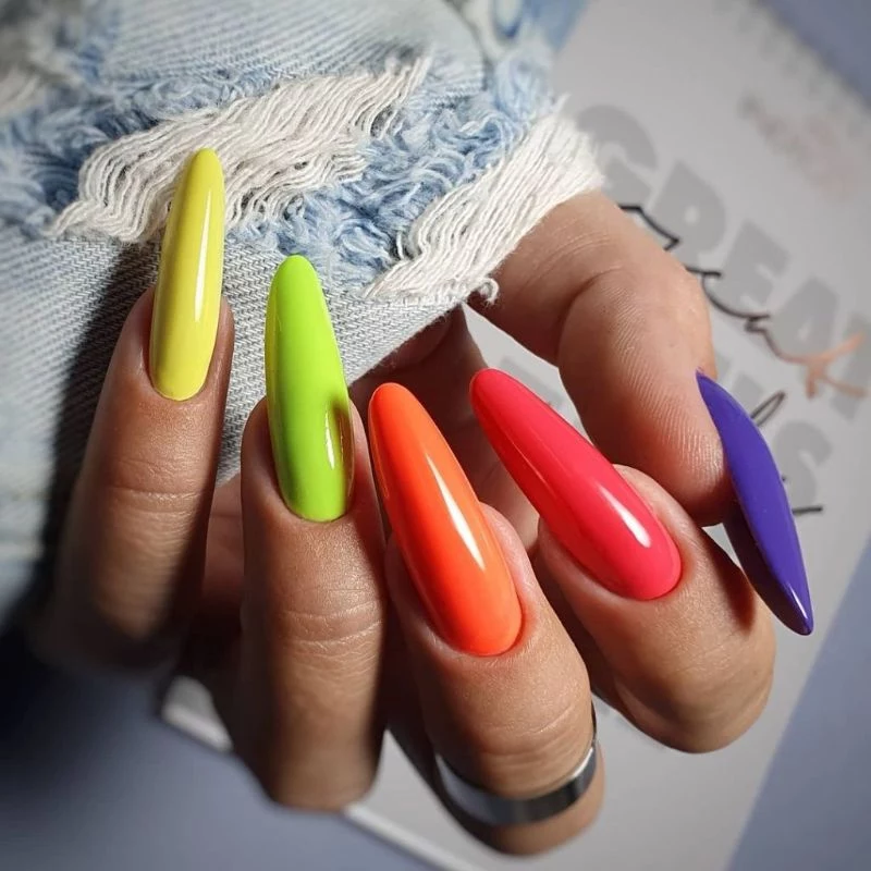 rainbow neon nails long almond nails