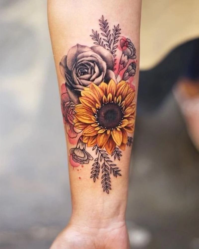 rose small sunflower tattoo forearm tattoo