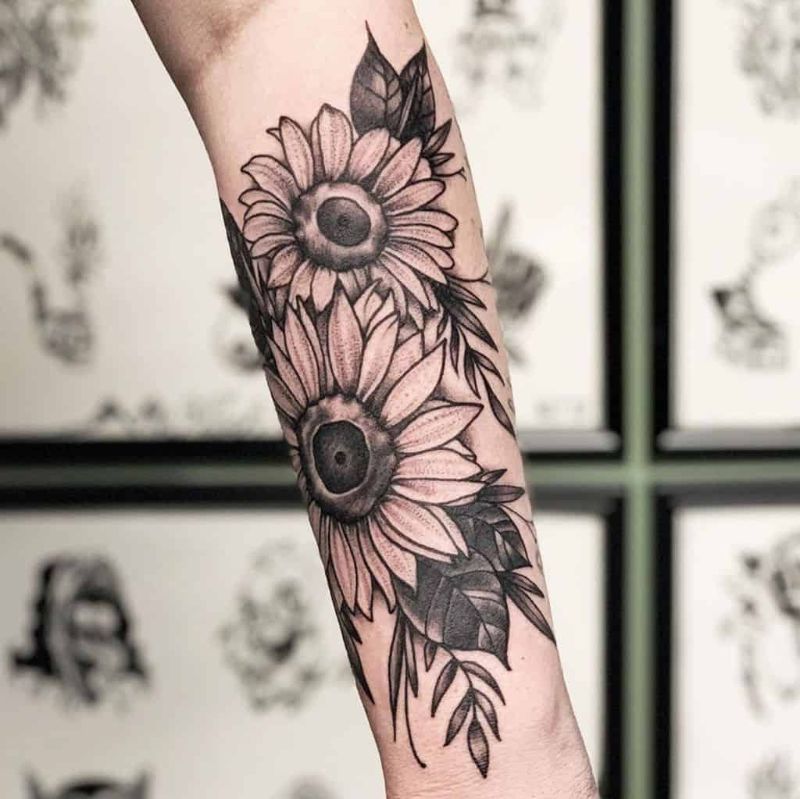 minimalist sunflower tattoo black and white
