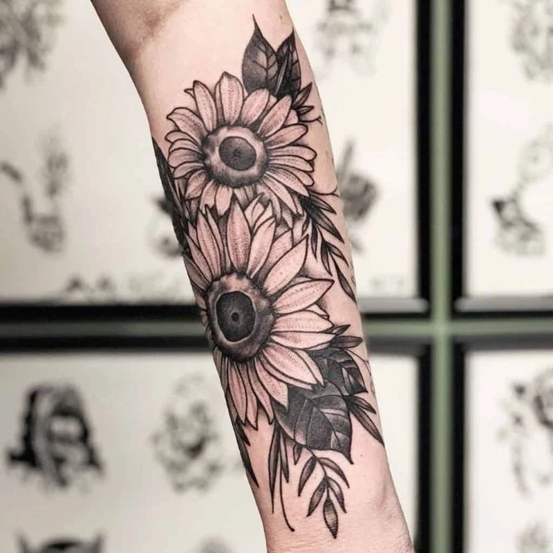 two sunflowers forearm sunflower tattoo black white