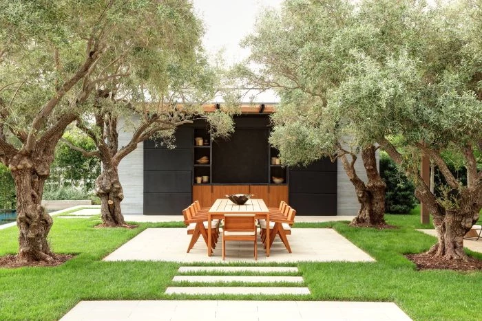 wooden dining table and chairs in front of small outside kitchen backyard patio designs four trees around it