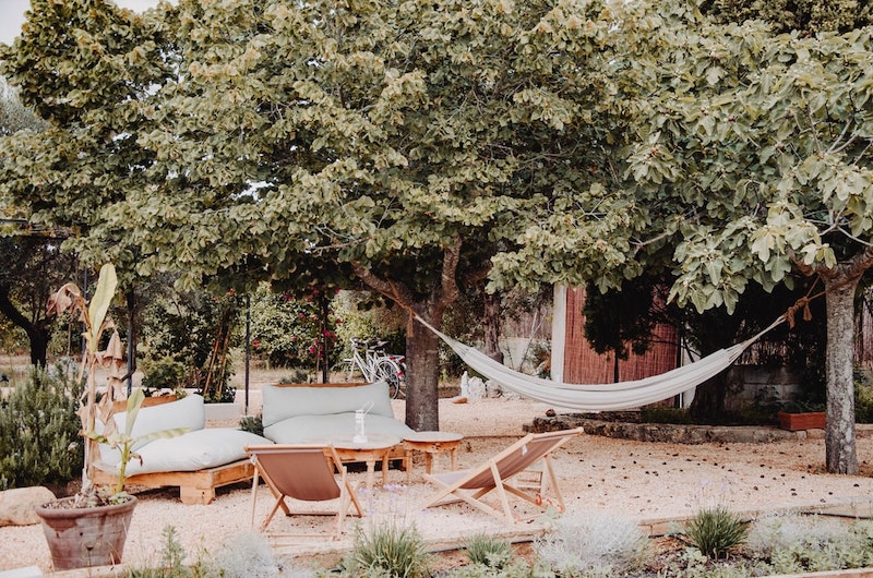 garden furniture big trees stone flooring and hammock