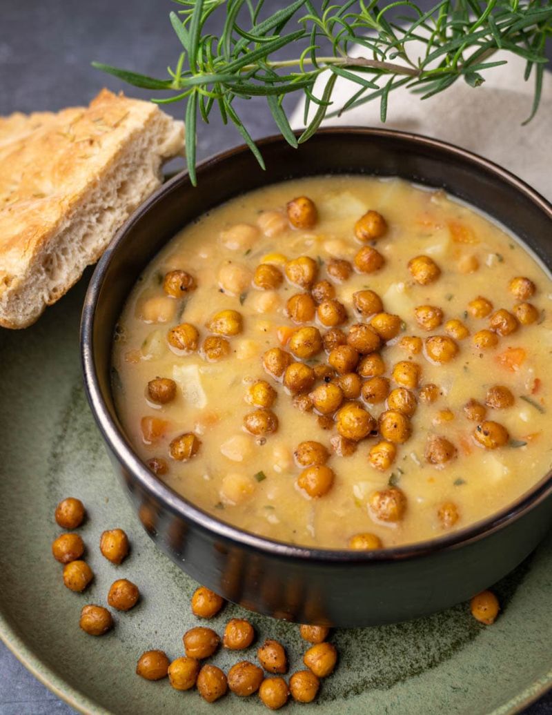 creamy vegan chickpea soup recipe with garlic and herbs