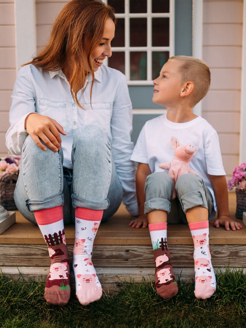 mom son sitting on stairs high socks with prints