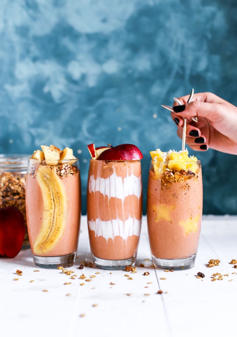 three glasses healthy snack ideas with smoothies
