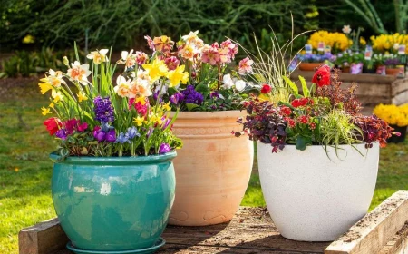 three pots with colorful perennial plants