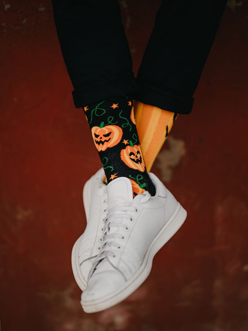 white sneakers halloween high socks with prints