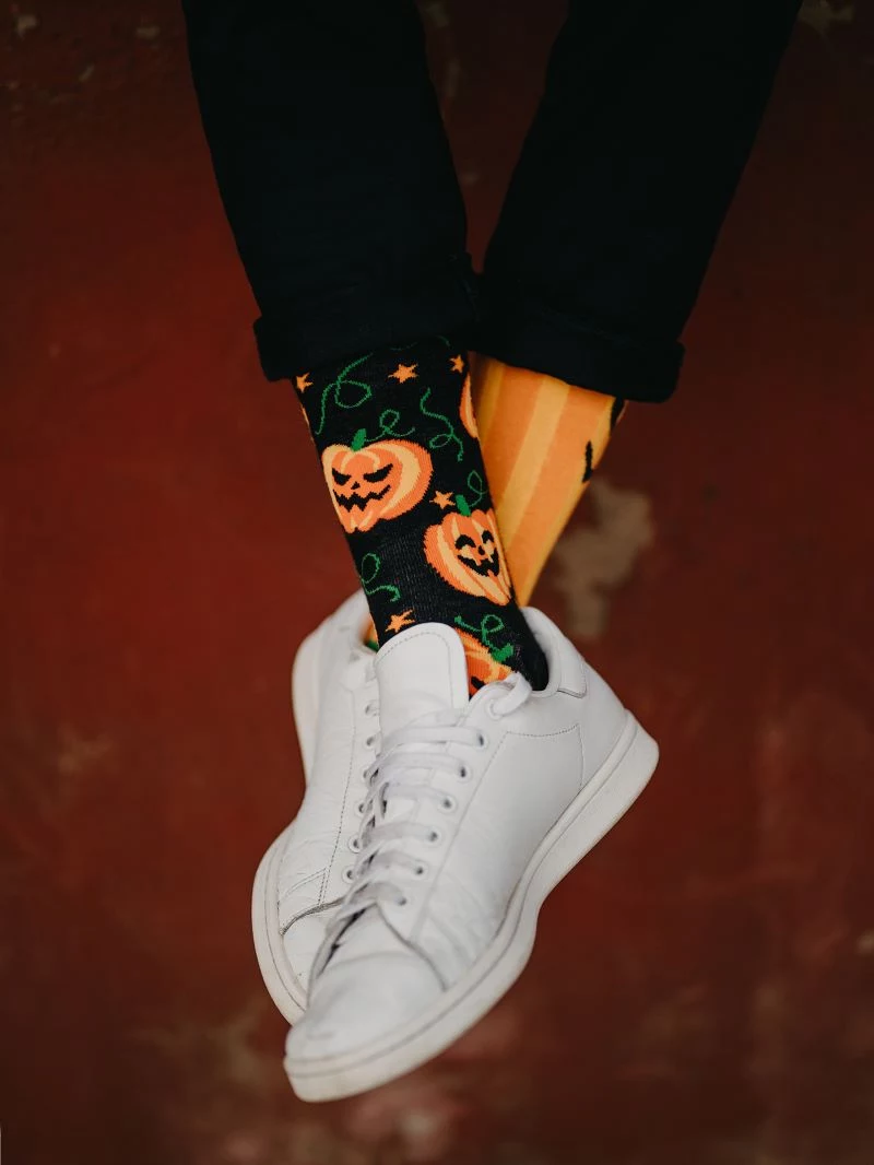 white sneakers halloween high socks with prints