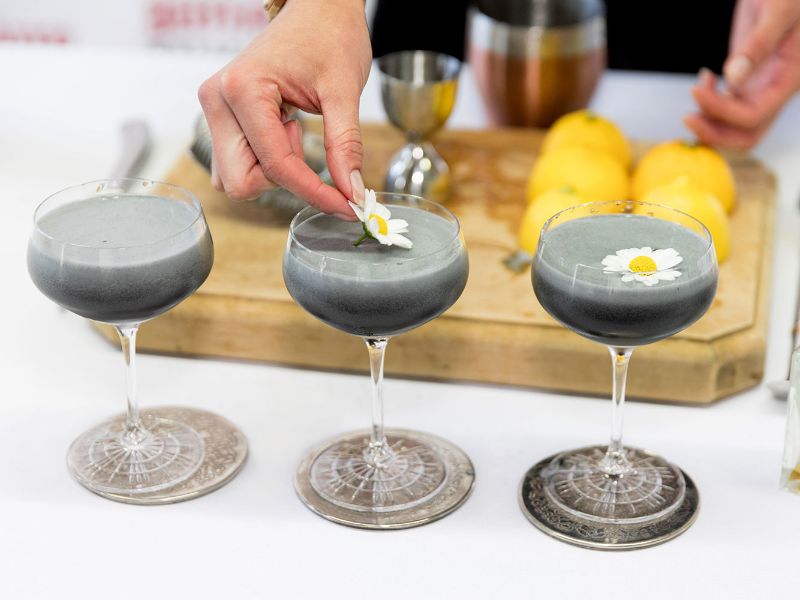 black gin cocktails recipe in three glasses