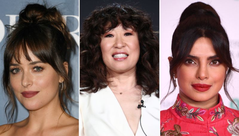 dakota johnson sandra oh priyanka chopra curtain bangs straight hair