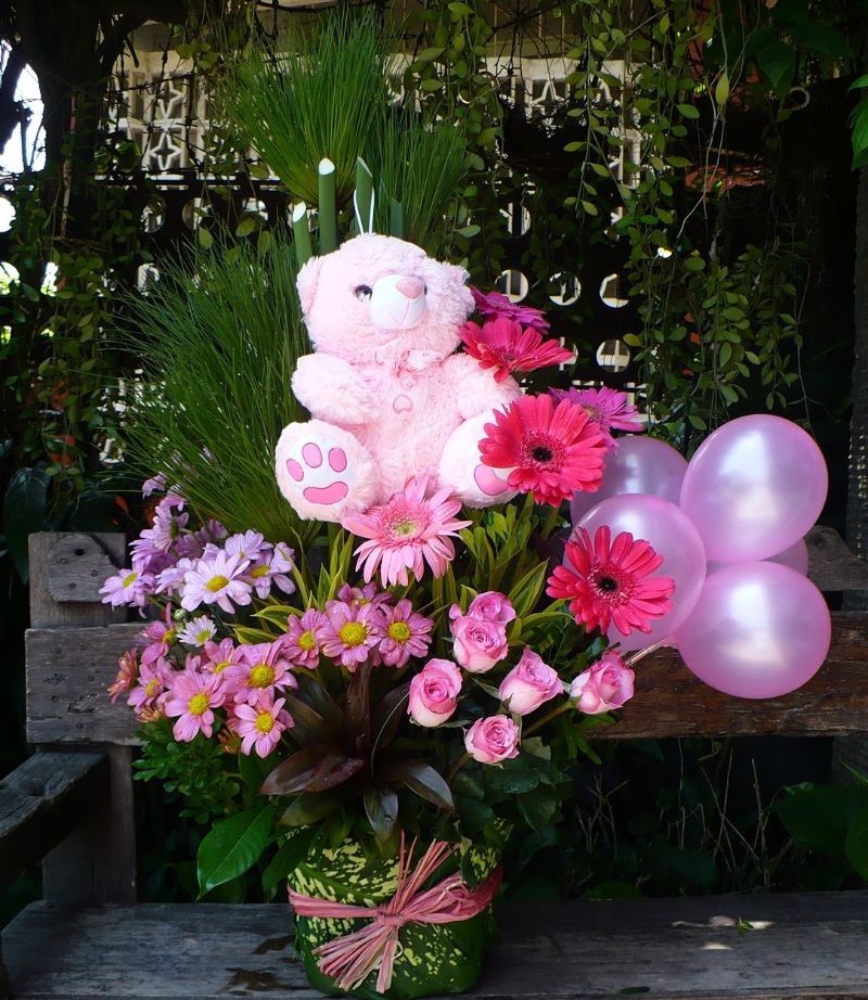 floral arrangement get well wishes teddy bear