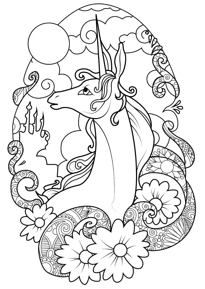 flowers around unicorn coloring pages