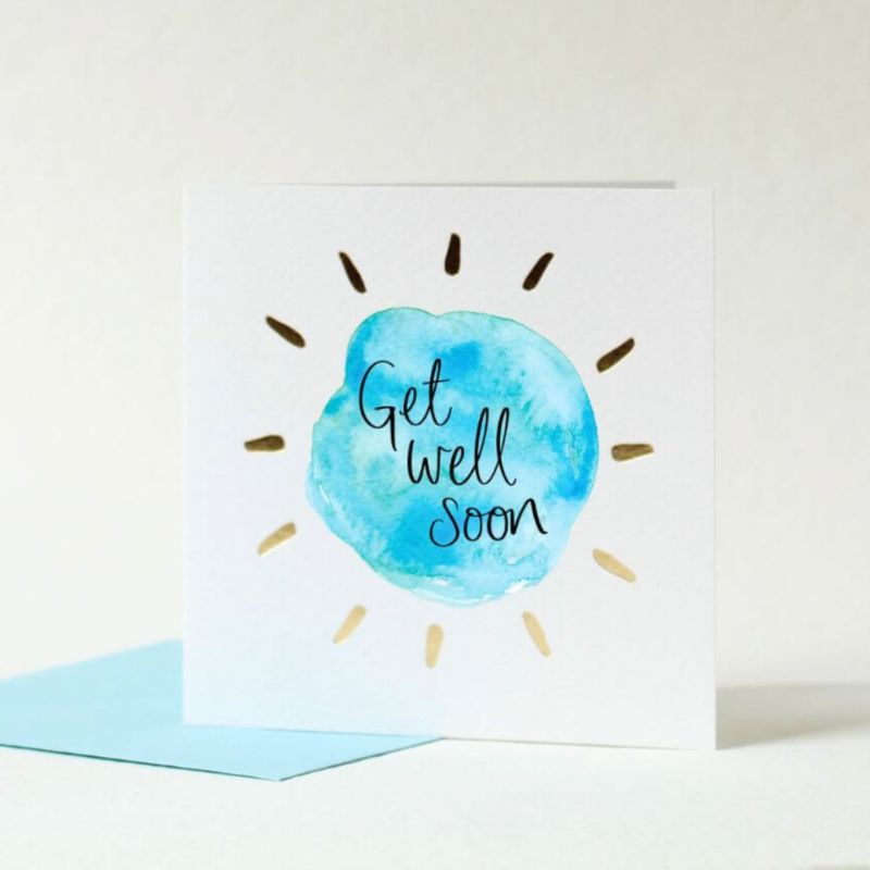 get well wishes watercolor card in blue white
