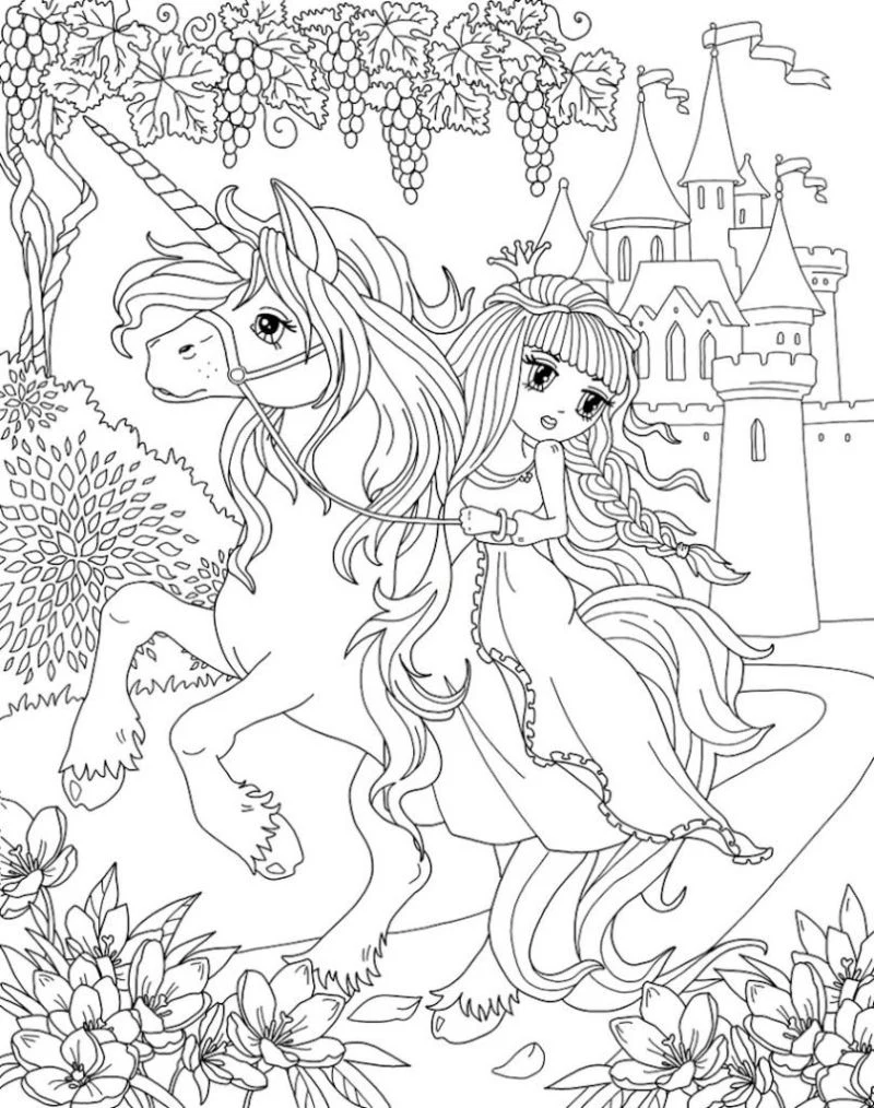 girl riding unicorn coloring sheets castle