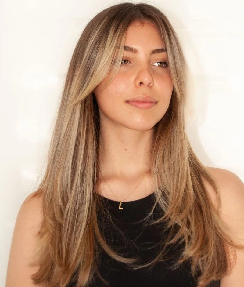 straight blonde hair with curtain bangs
