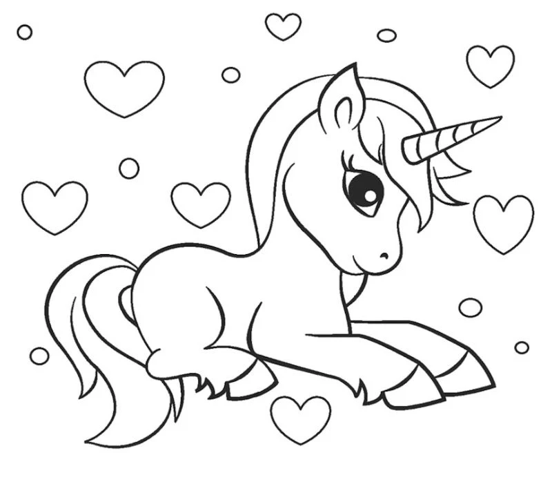 unicorn pictures to color hearts around it