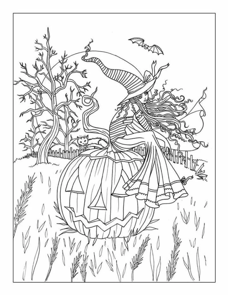 witch sitting on pumpkin printable halloween coloring pages