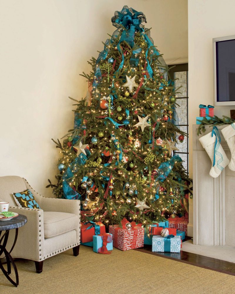 blue christmas tree ribbon gold ornaments