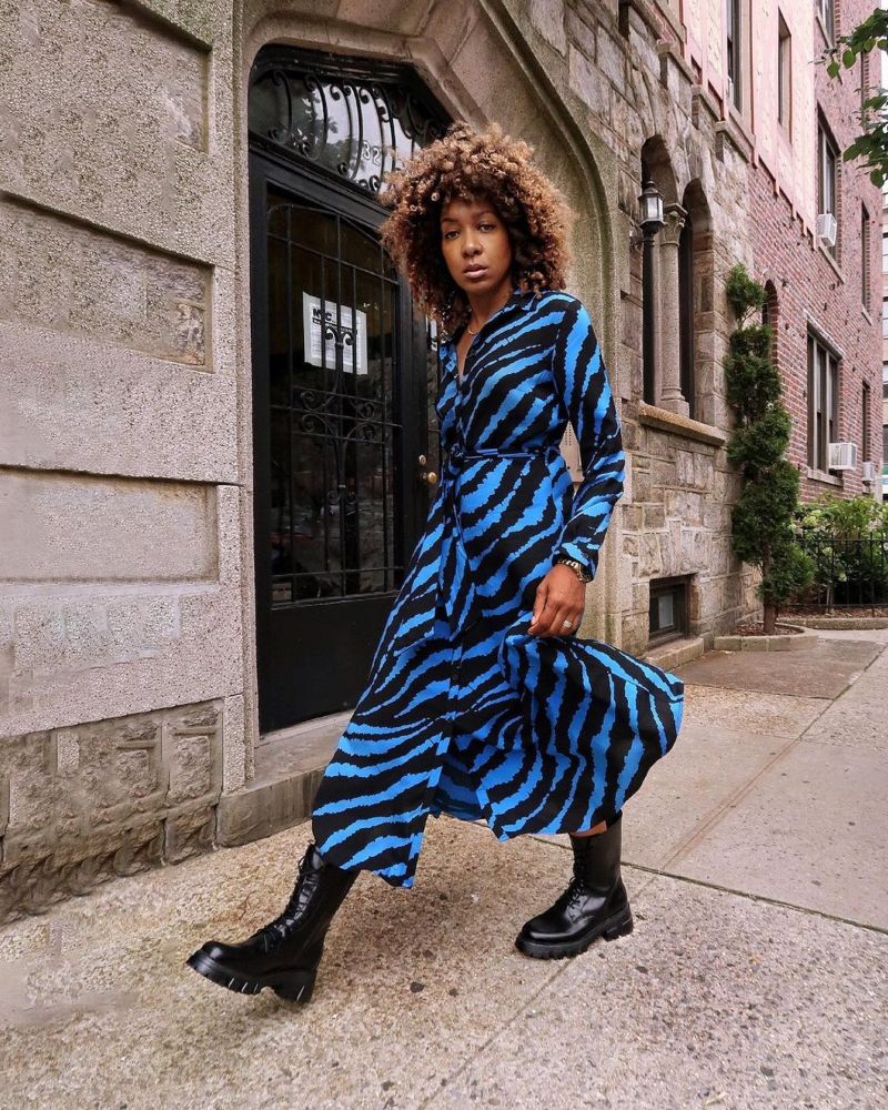 blue long dress big black boots with animal print