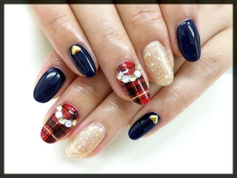 blue red gold nail color ideas with rhinestones