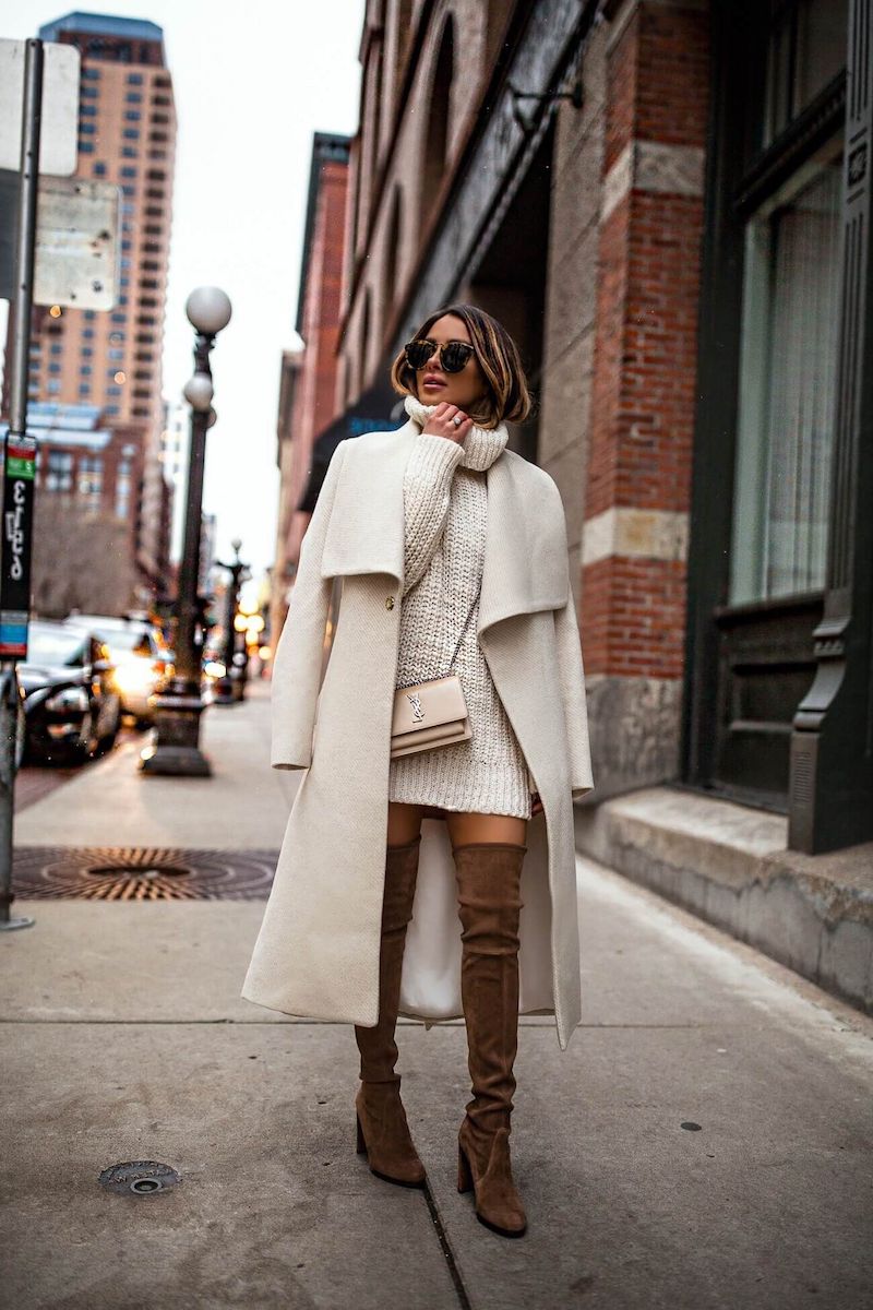 brunch outfit knee high boots and white jacket