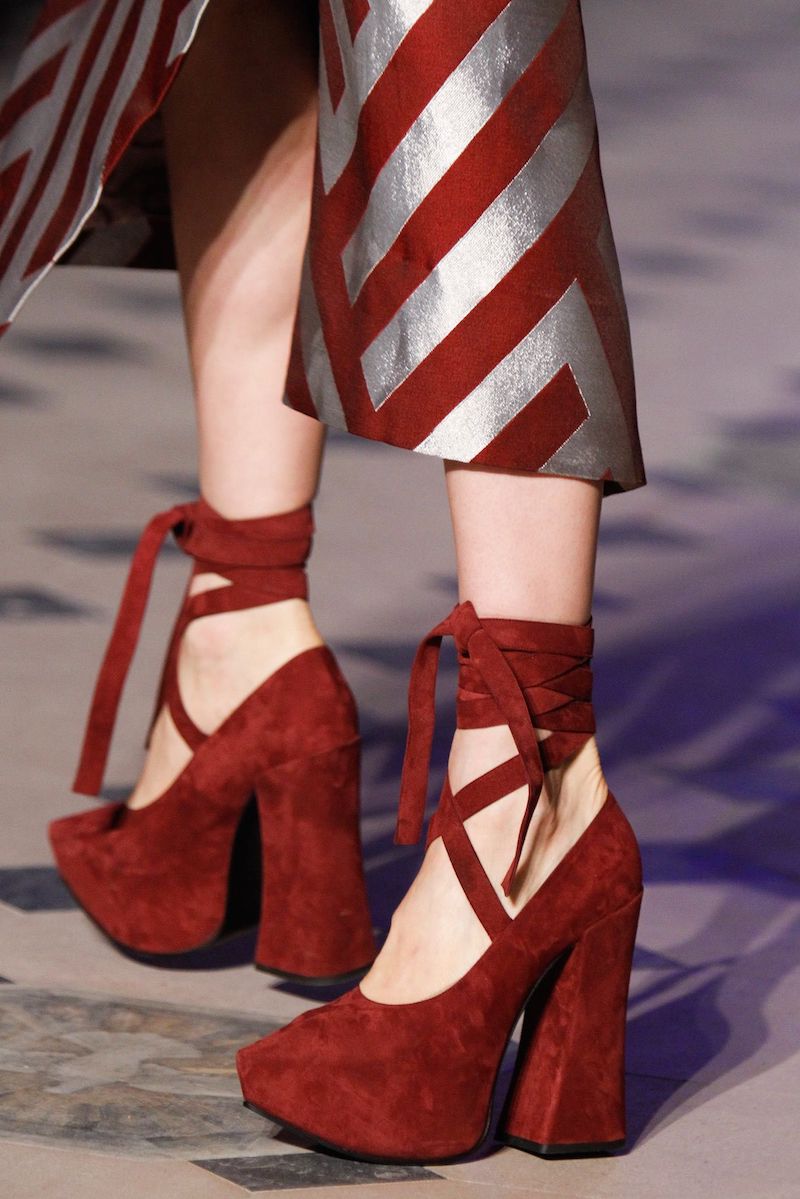 dark red suede high heels with long ribbons