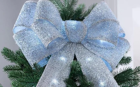 diy christmas tree topper big bow in sparkly baby blue on top of tree