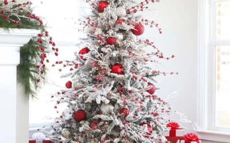 flocked christmas tree decorating ideas red baubles