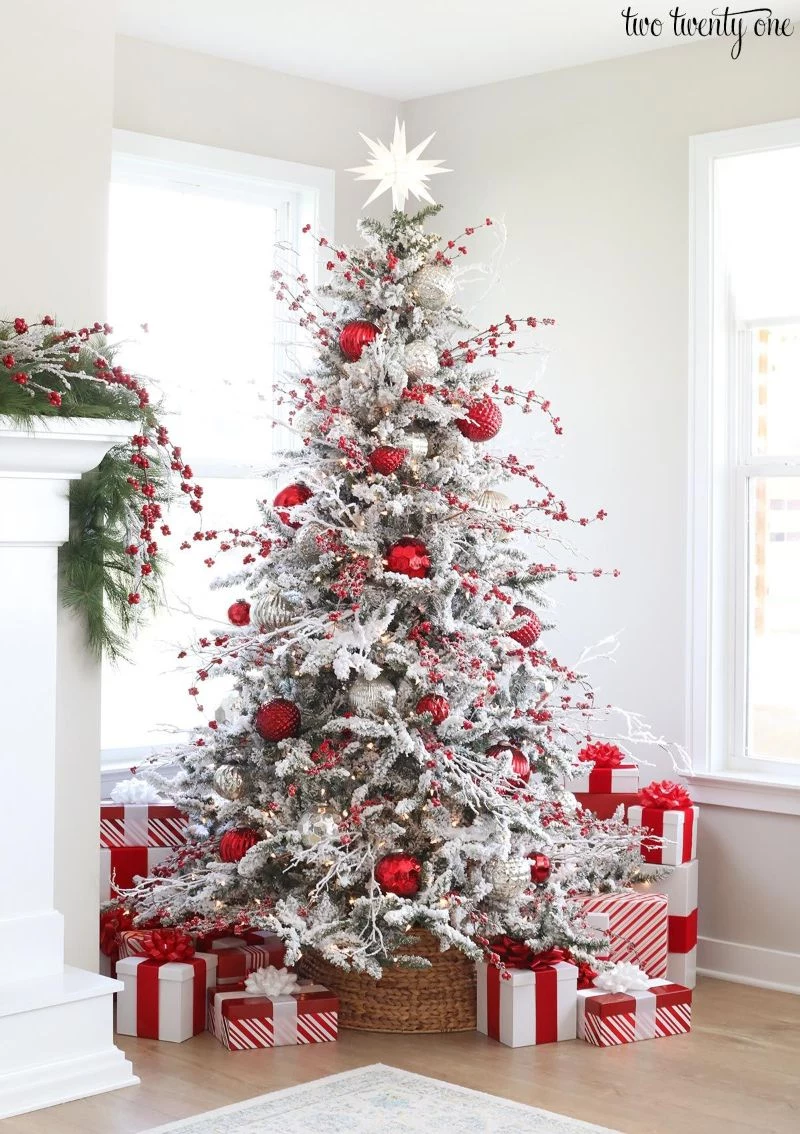flocked christmas tree decorating ideas red baubles