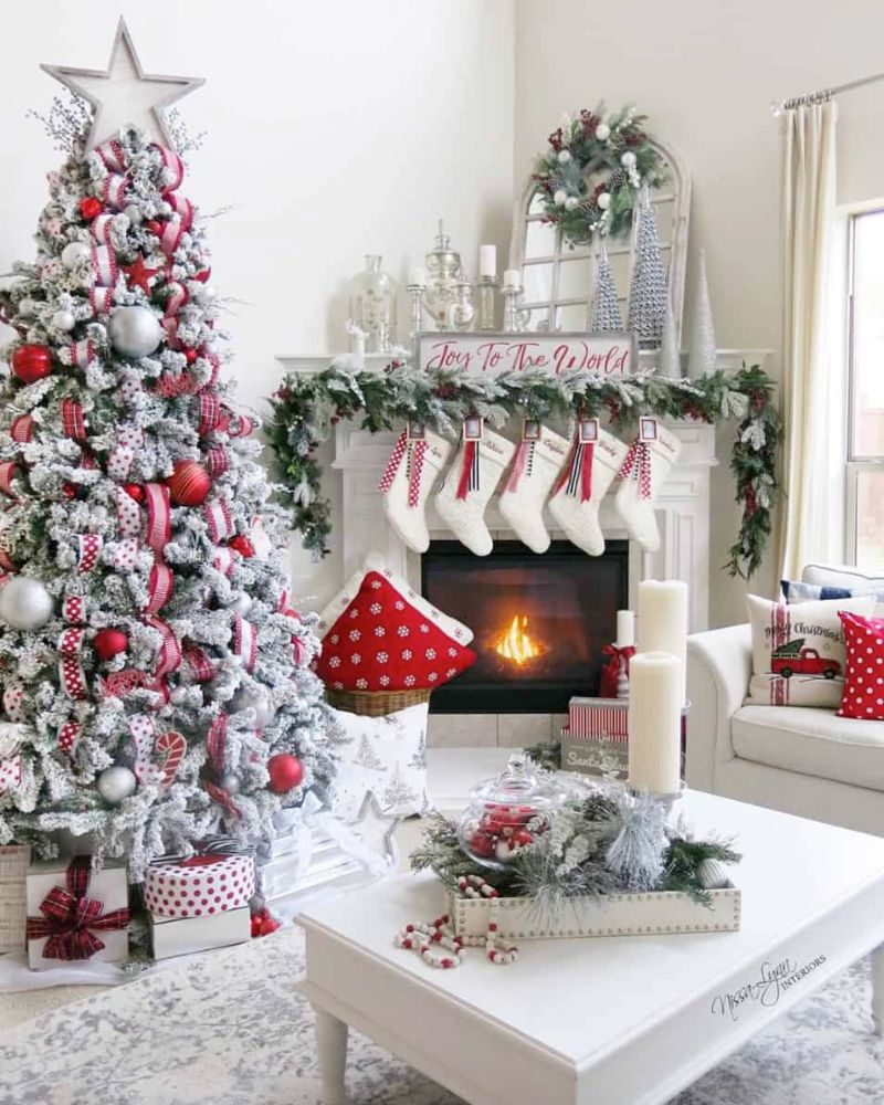 frosted christmas tree red ribbon silver baubles