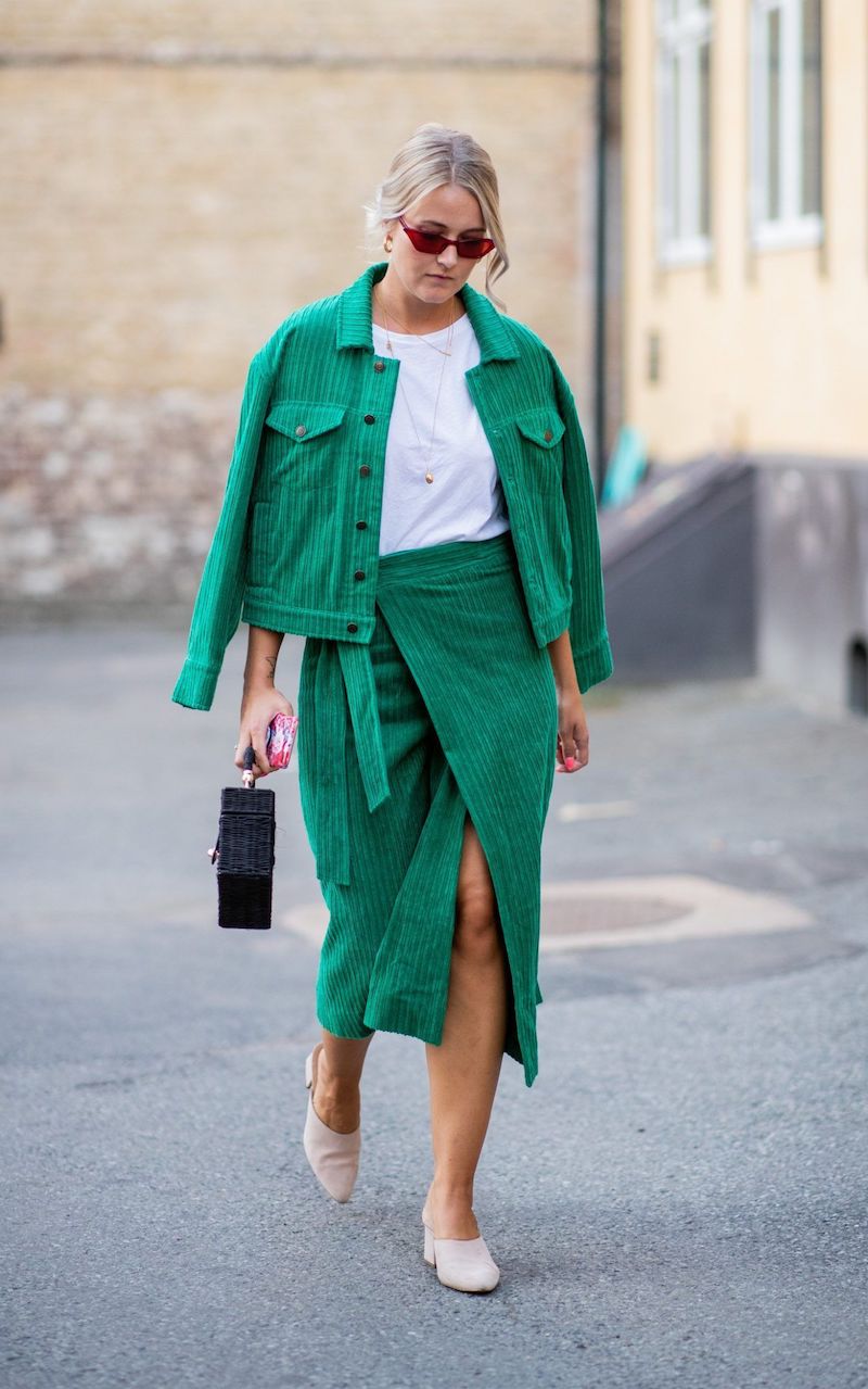 girl with green denim coord and heels