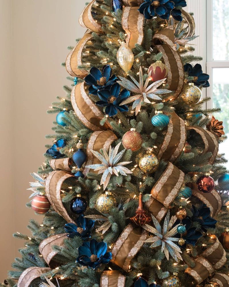 gold christmas tree ribbon ideas blue ornaments